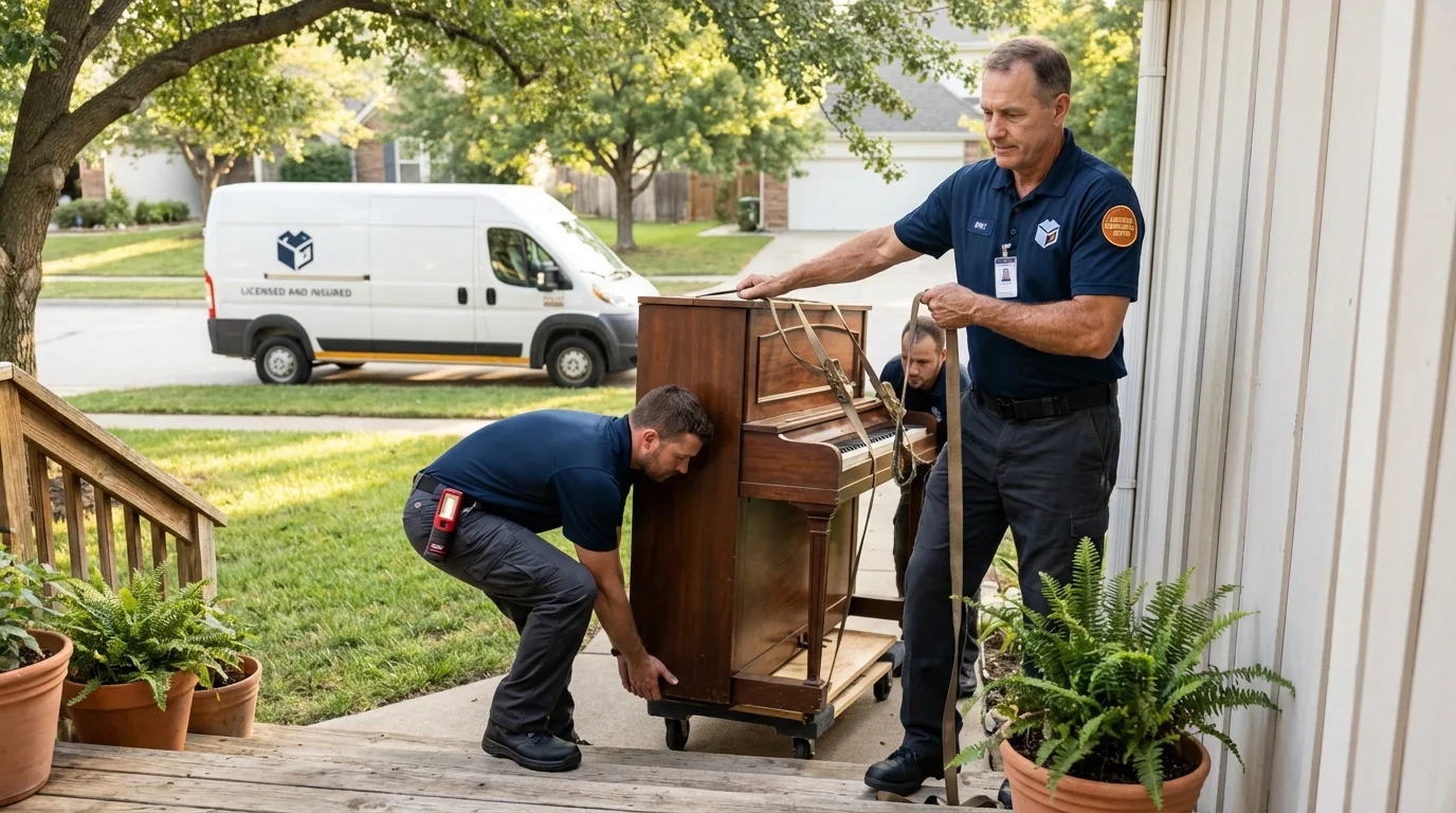 Licensed piano movers securing grand piano in Republic, MO