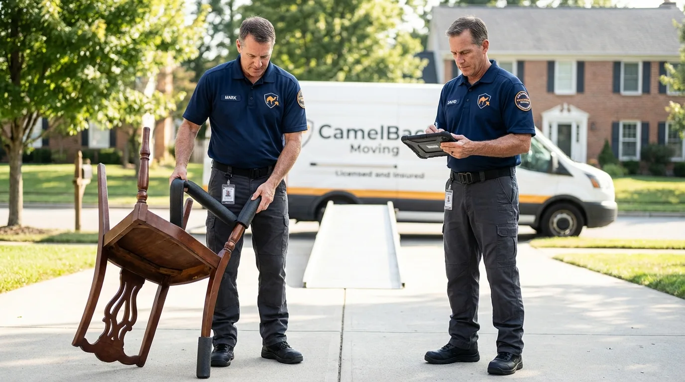 Movers inspecting furniture for damage prevention before loading in Republic, MO